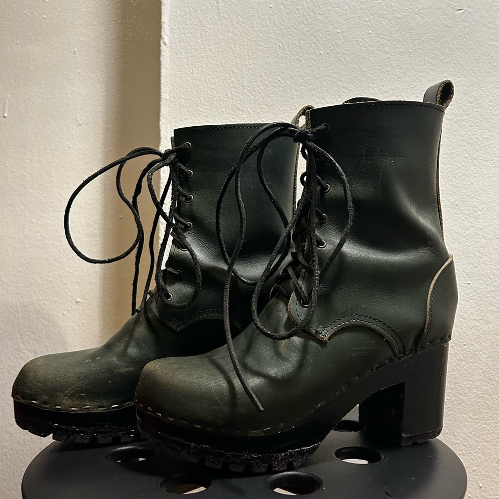 NO.6 HUNTER GREEN LACE UP LEATHER CLOG BOOTS 38/8